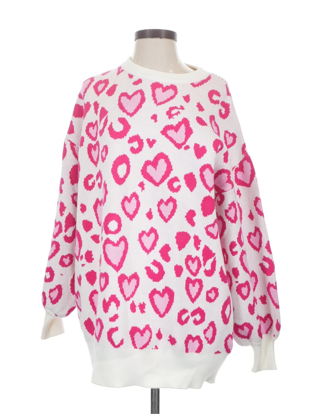 New: Blue Velvet Pink Heart Leopard Print Balloon Sleeve Boho Sweater• Small